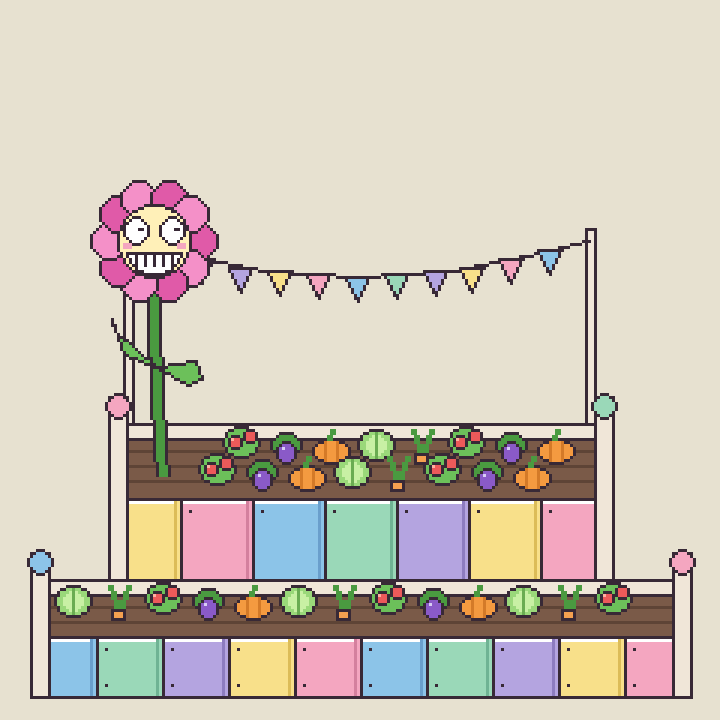 Pixel-art vegetable garden with a flower