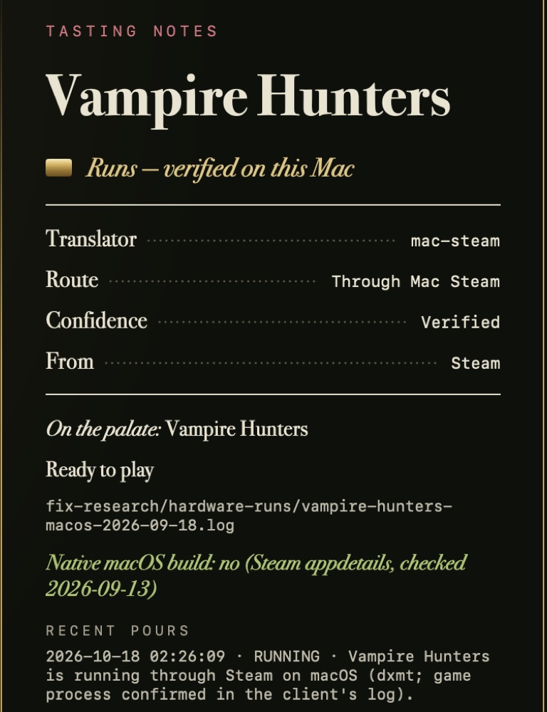 Tasting notes for Vampire Hunters: runs, verified on this Mac, with the cited run log