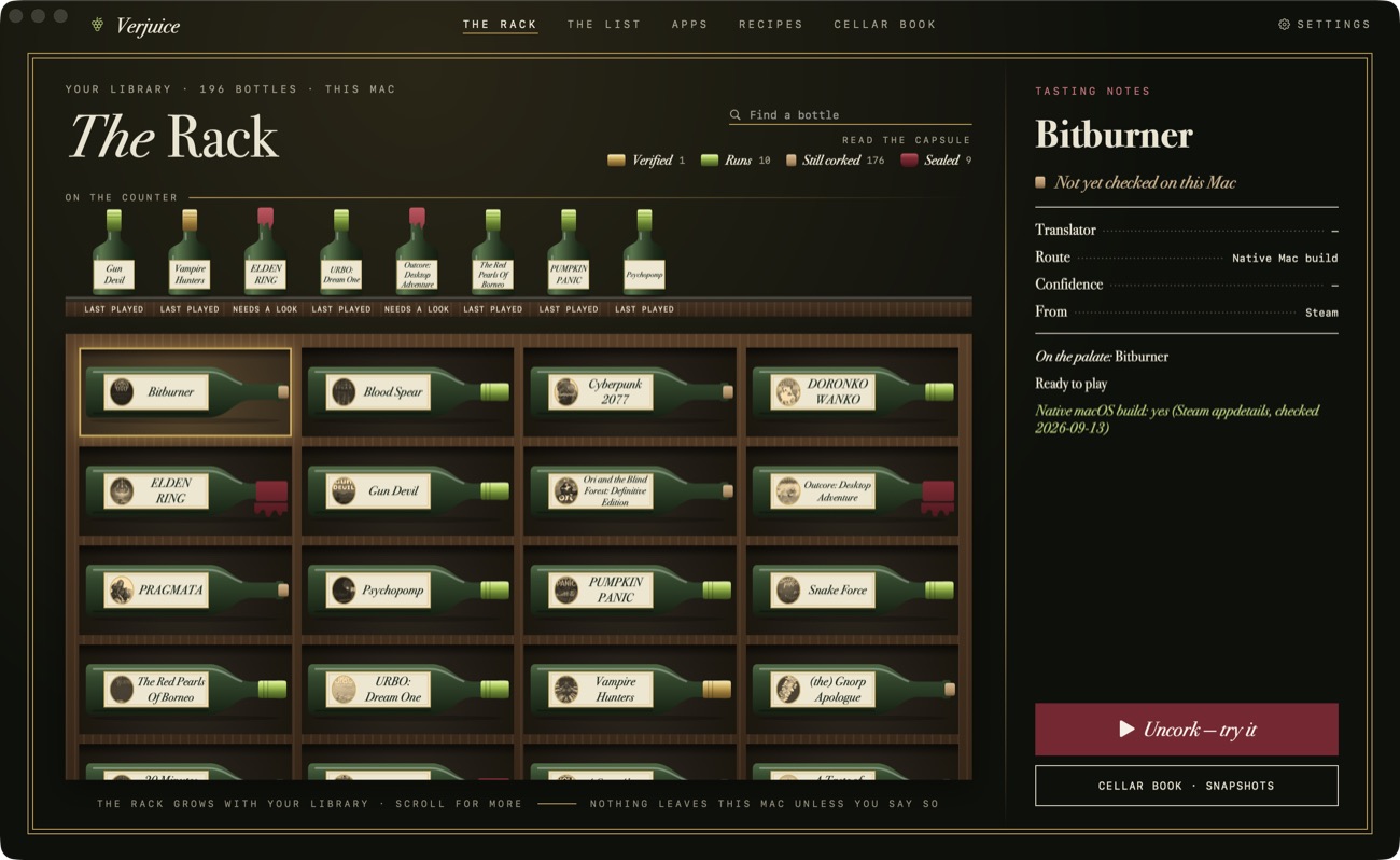 The Verjuice Cellar rack of game bottles