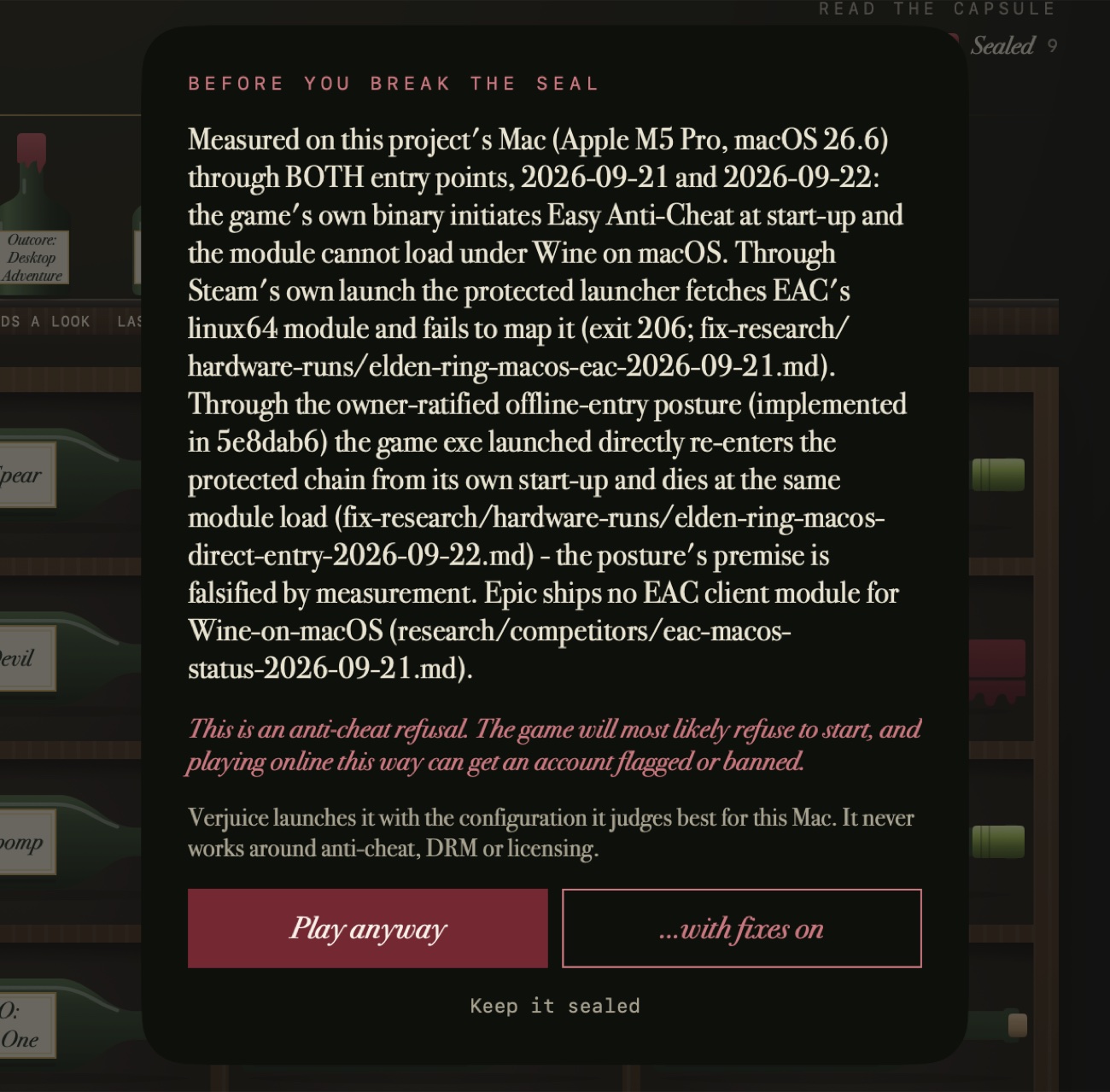 The Before you break the seal dialog for Elden Ring, explaining the anti-cheat refusal with its evidence